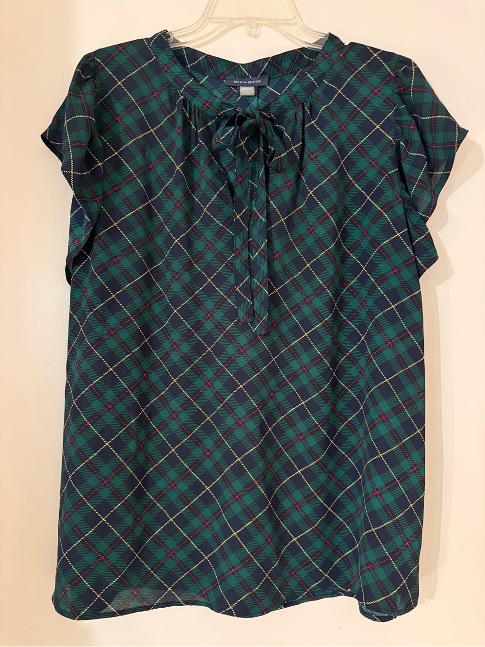 Tommy Hilfiger Dark Green Tartan Plaid Ruffle Sleeve Top Size XL